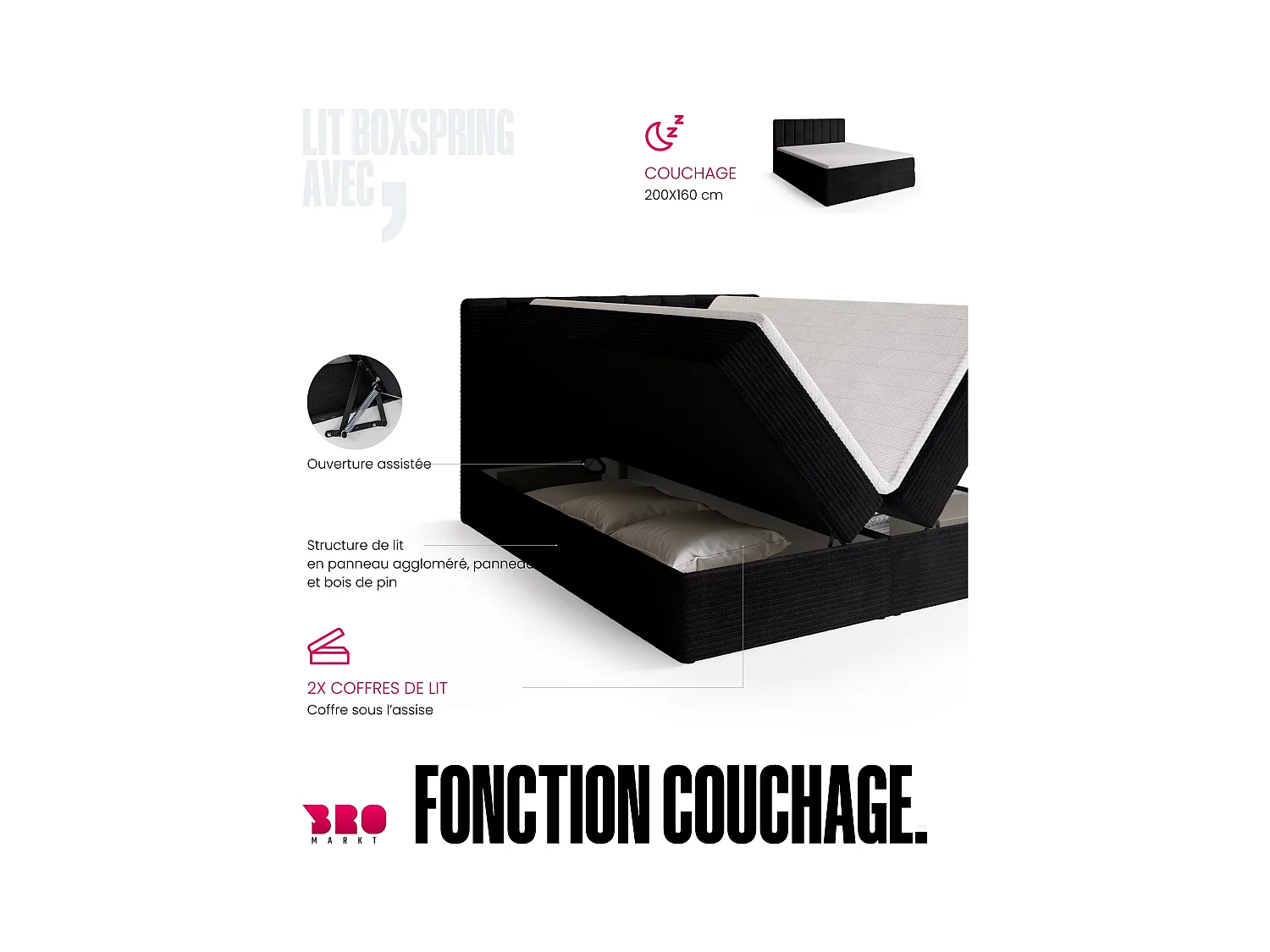 Lit boxspring avec rangement DENVER - matelas - surmatelas - noir - velours côtelé - 160x200 cm