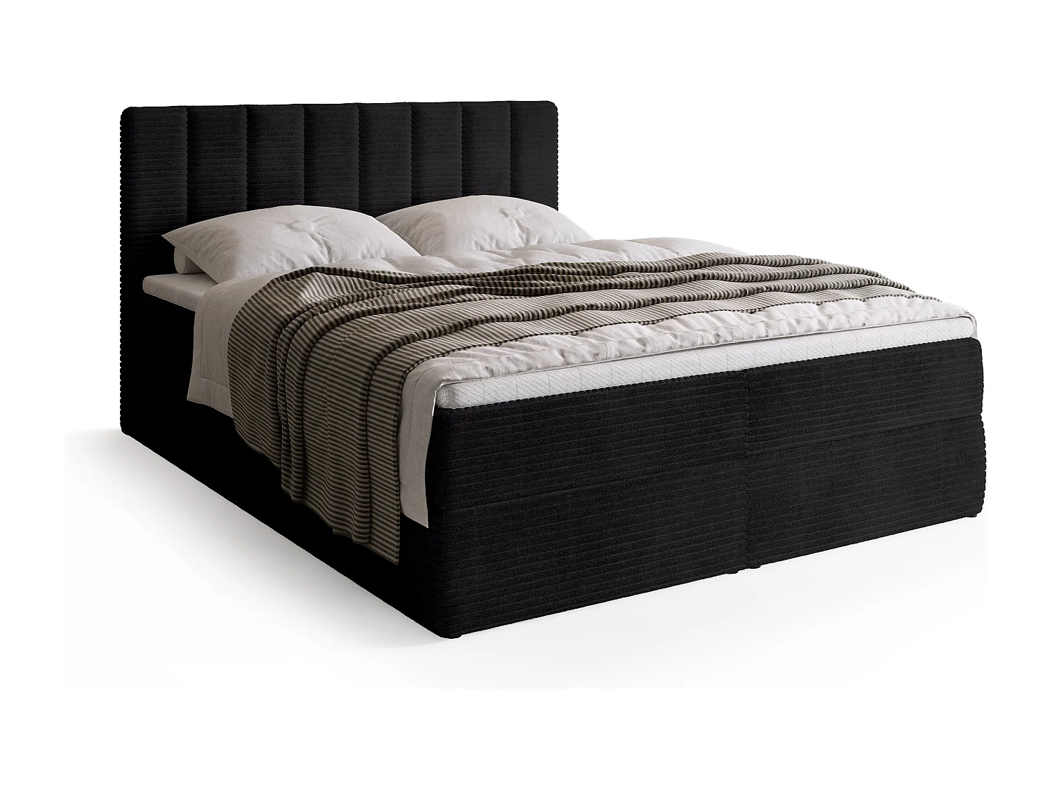 Lit boxspring avec rangement DENVER - matelas - surmatelas - noir - velours côtelé - 160x200 cm