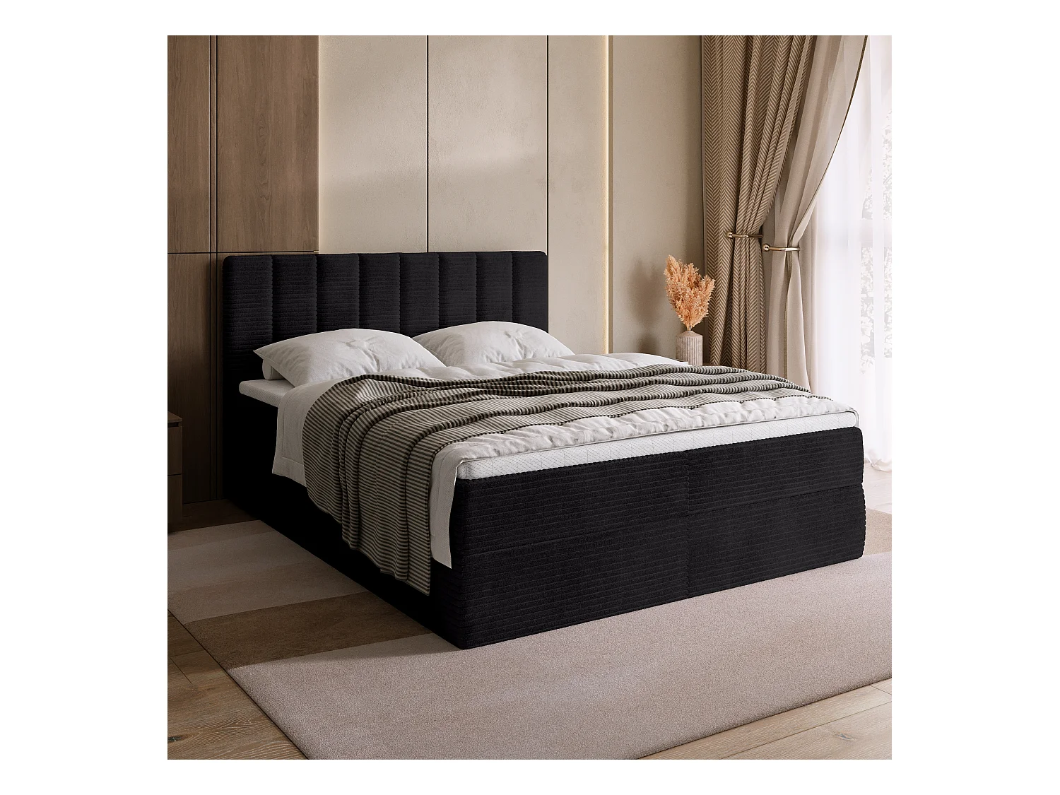 Lit boxspring avec rangement DENVER - matelas - surmatelas - noir - velours côtelé - 180x200 cm