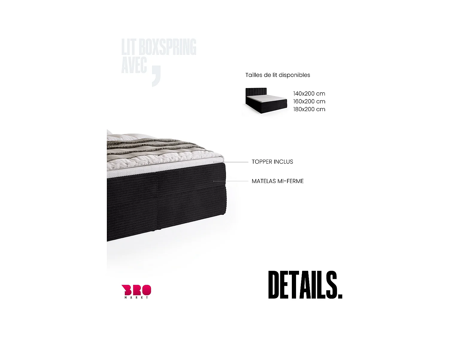 Lit boxspring avec rangement DENVER - matelas - surmatelas - noir - velours côtelé - 180x200 cm