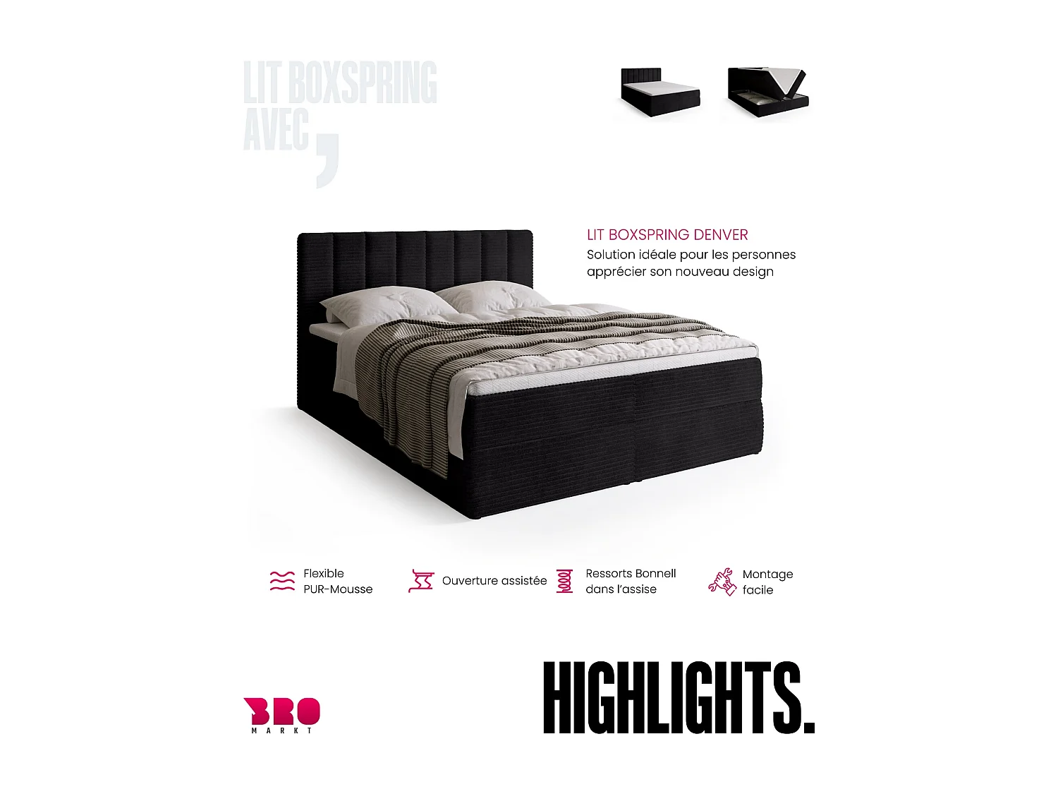 Lit boxspring avec rangement DENVER - matelas - surmatelas - noir - velours côtelé - 180x200 cm