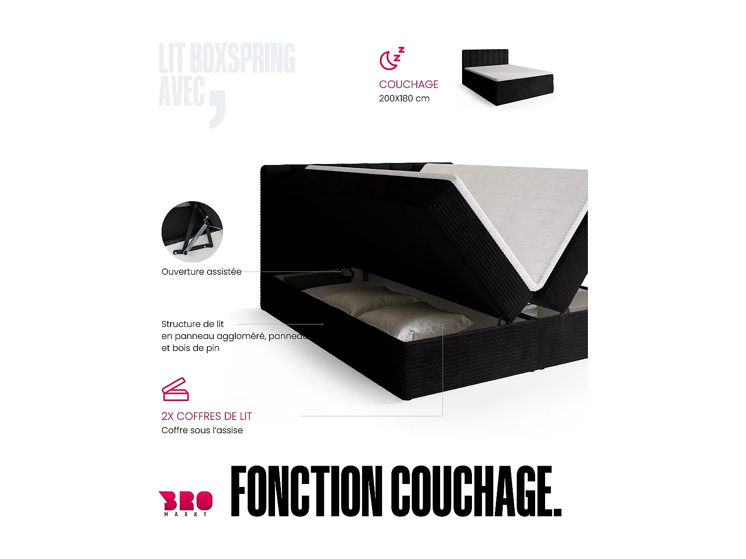 Lit boxspring avec rangement DENVER - matelas - surmatelas - noir - velours côtelé - 180x200 cm