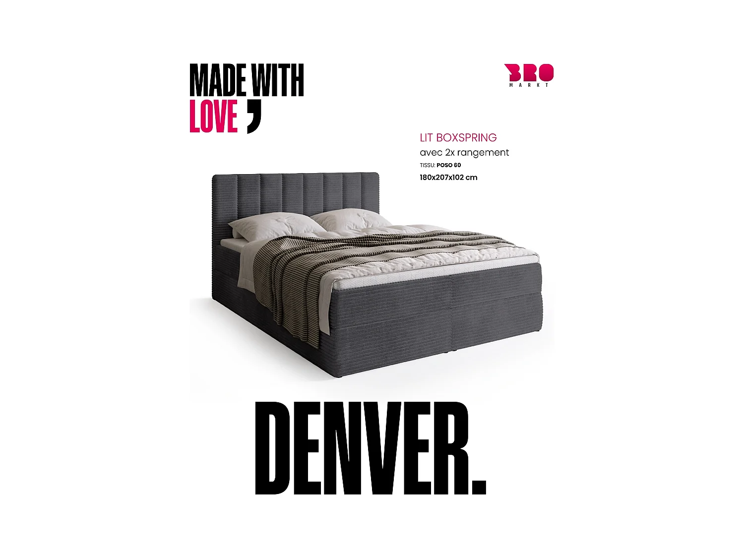 Lit boxspring avec rangement DENVER - matelas - surmatelas - gris - velours côtelé - 180x200 cm