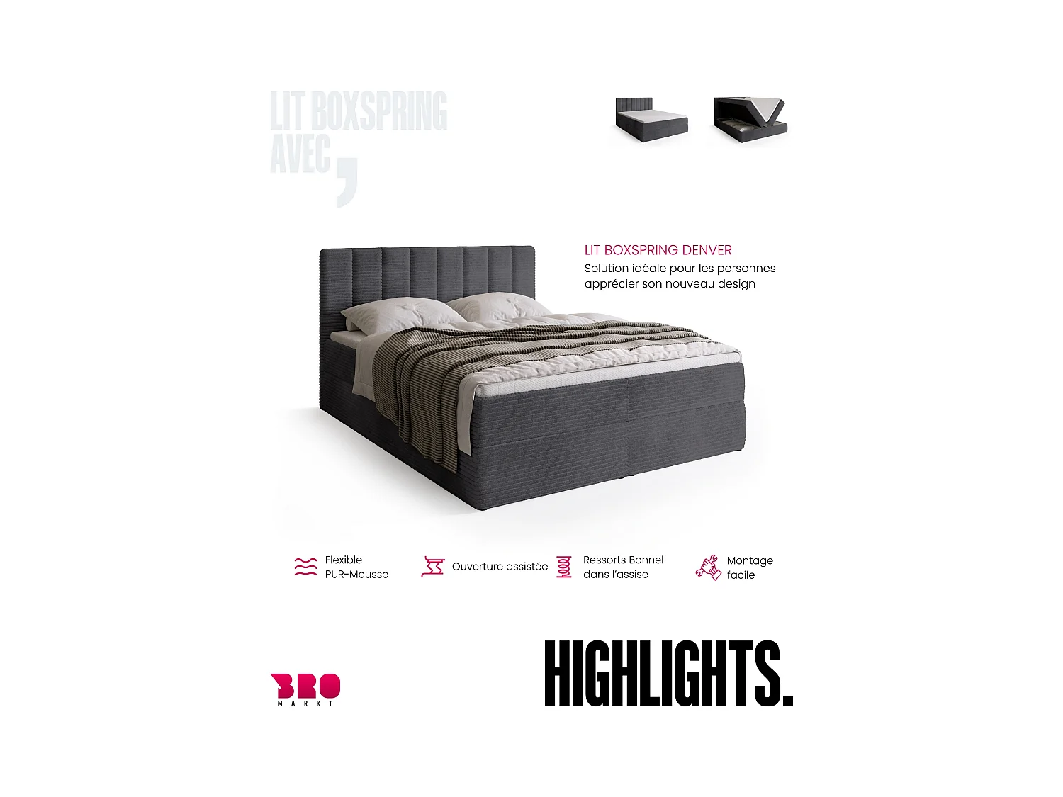 Lit boxspring avec rangement DENVER - matelas - surmatelas - gris - velours côtelé - 180x200 cm