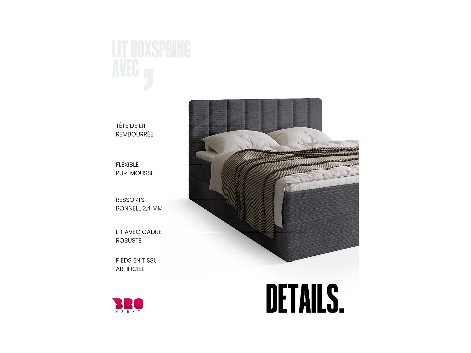 Lit boxspring avec rangement DENVER - matelas - surmatelas - gris - velours côtelé - 180x200 cm