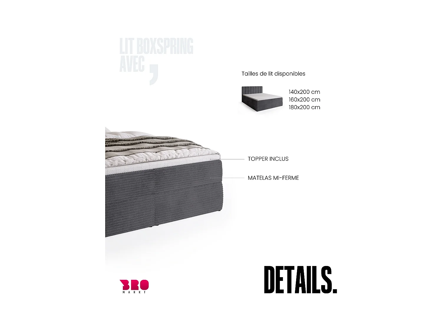 Lit boxspring avec rangement DENVER - matelas - surmatelas - gris - velours côtelé - 180x200 cm