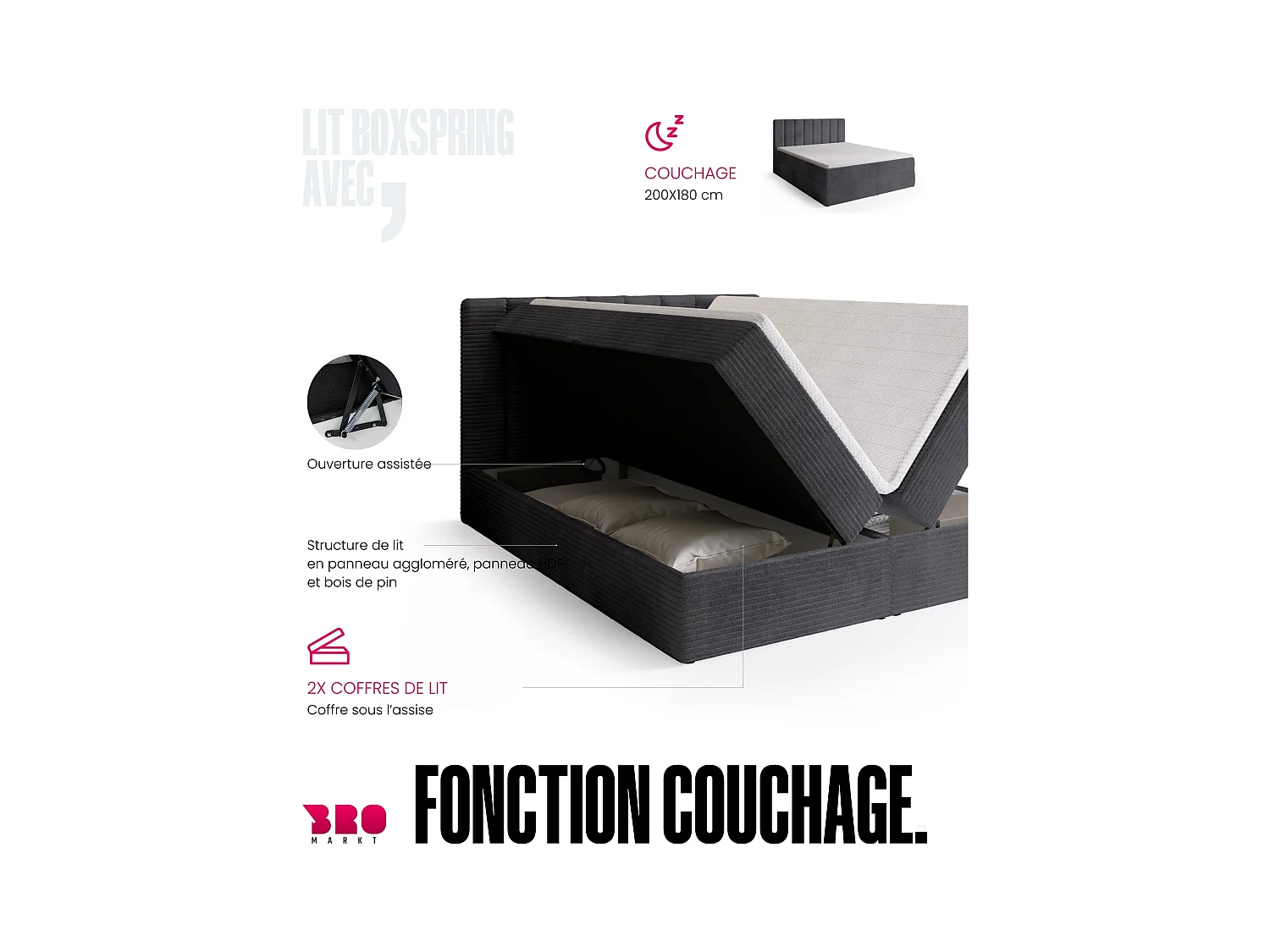 Lit boxspring avec rangement DENVER - matelas - surmatelas - gris - velours côtelé - 180x200 cm