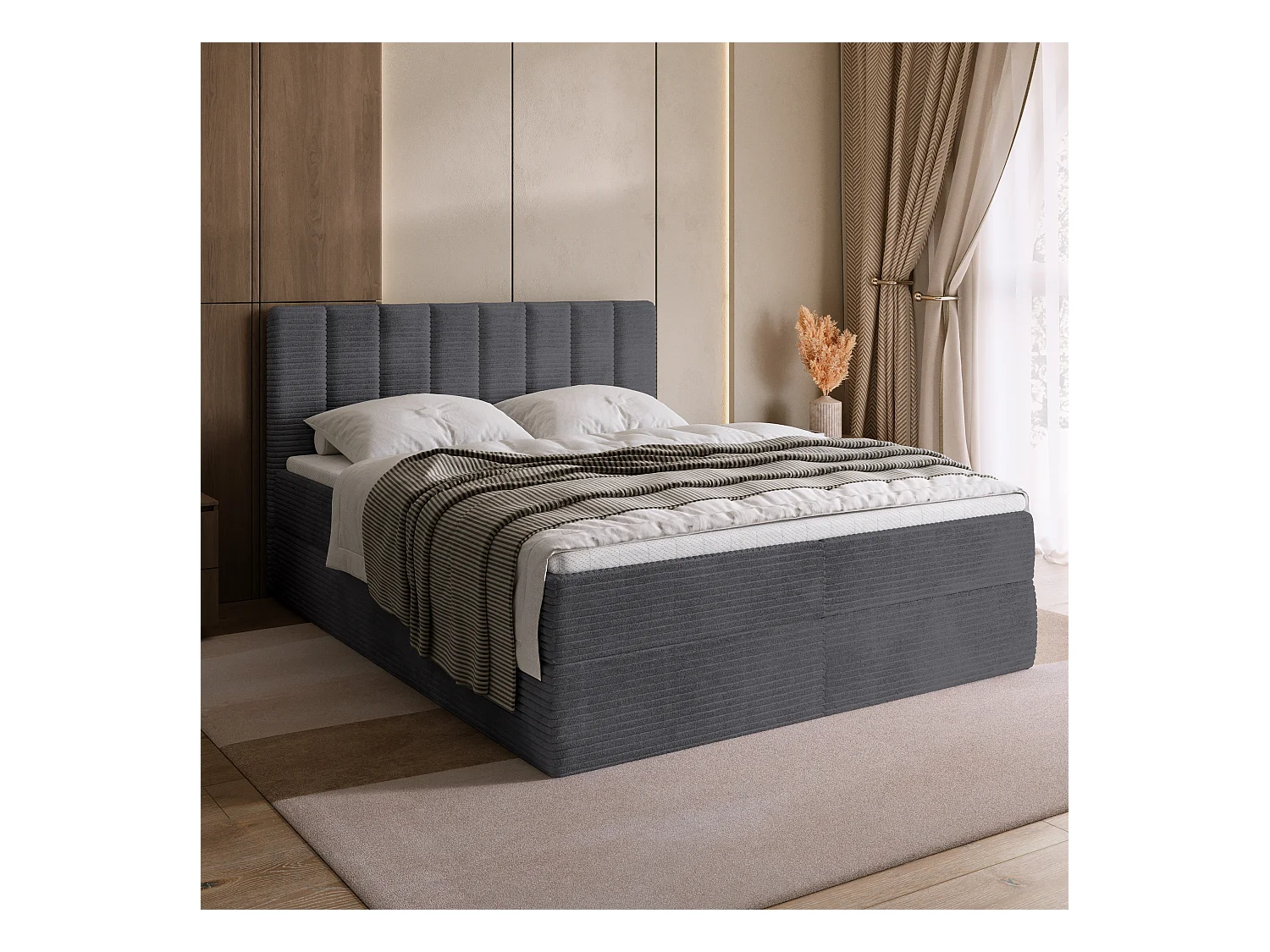 Lit boxspring avec rangement DENVER - matelas - surmatelas - gris - velours côtelé - 180x200 cm