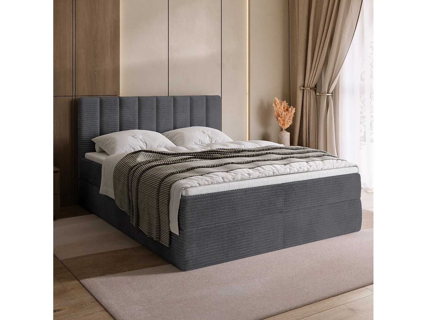 Lit boxspring avec rangement DENVER - matelas - surmatelas - gris - velours côtelé - 180x200 cm
