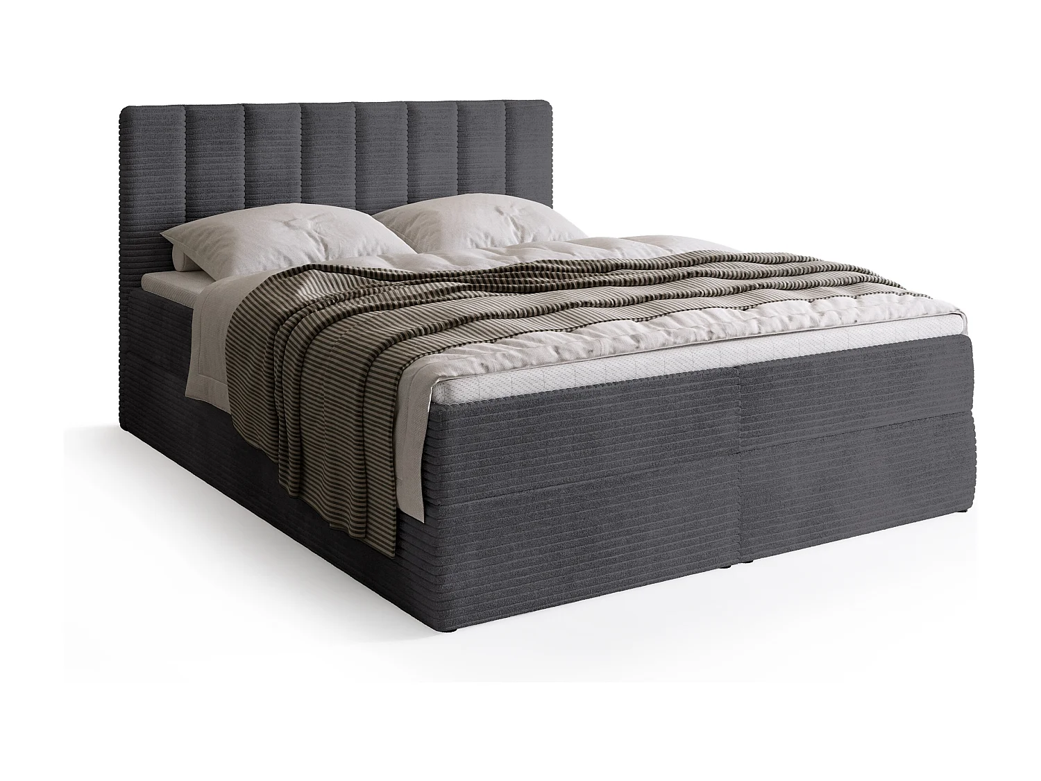 Lit boxspring avec rangement DENVER - matelas - surmatelas - gris - velours côtelé - 180x200 cm