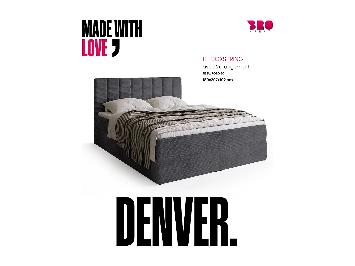 Lit boxspring avec rangement DENVER - matelas - surmatelas - gris - velours côtelé - 180x200 cm