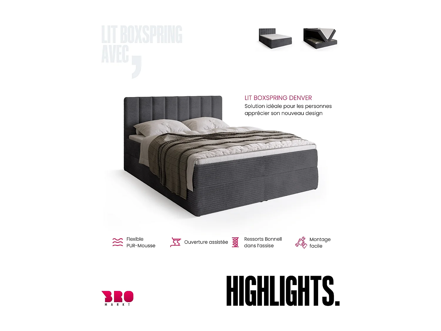 Lit boxspring avec rangement DENVER - matelas - surmatelas - gris - velours côtelé - 180x200 cm