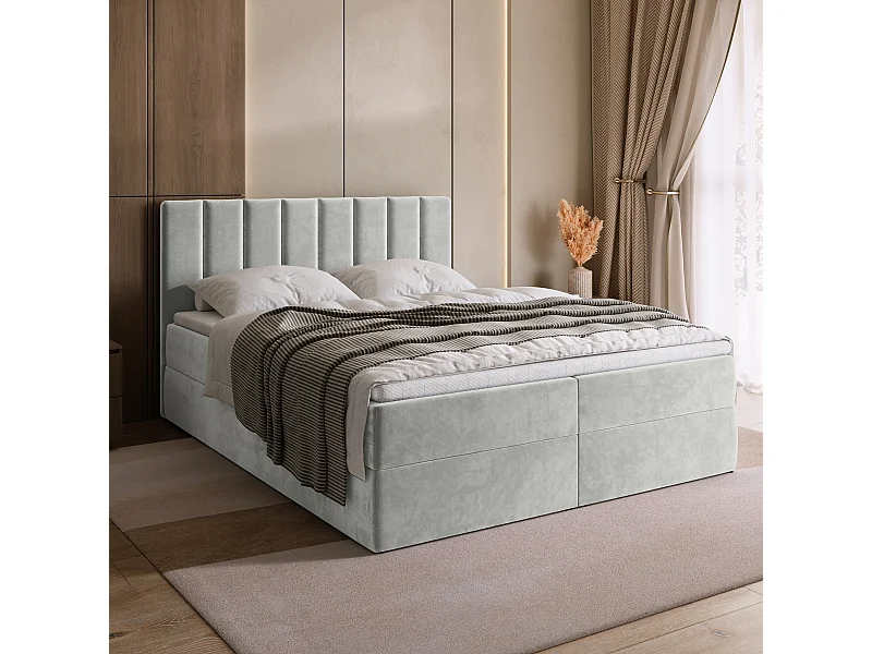 Lit boxspring avec rangement DENVER - matelas - surmatelas - gris clair - 180x200 cm