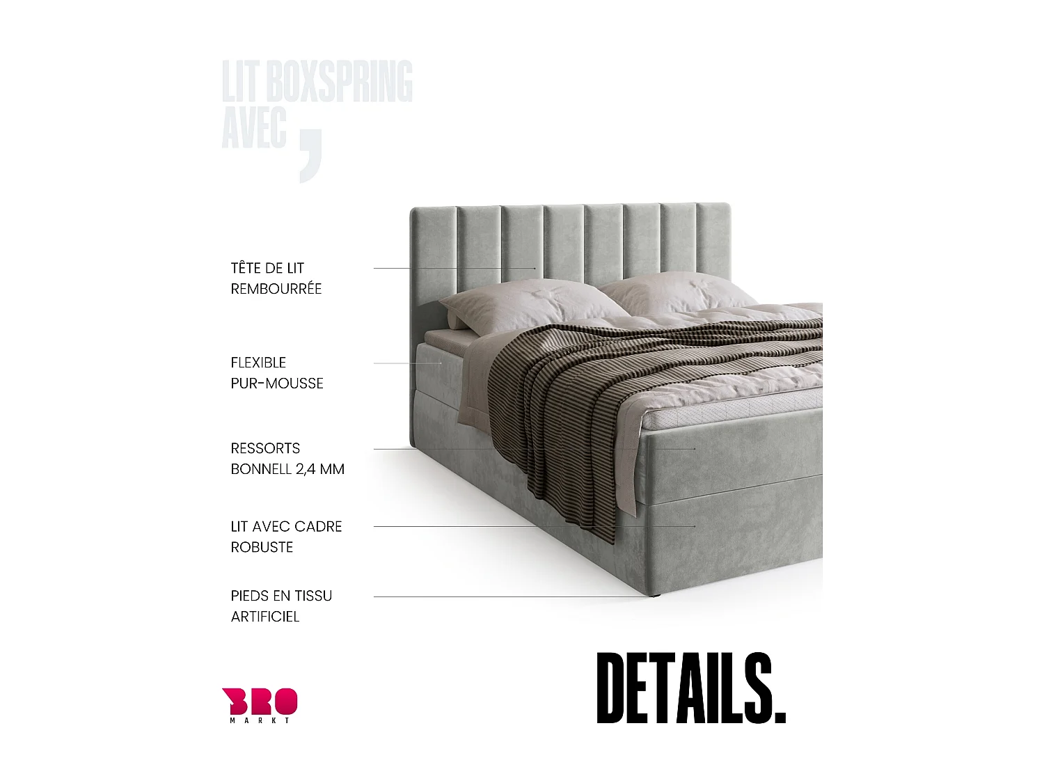 Lit boxspring avec rangement DENVER - matelas - surmatelas - gris clair - 180x200 cm