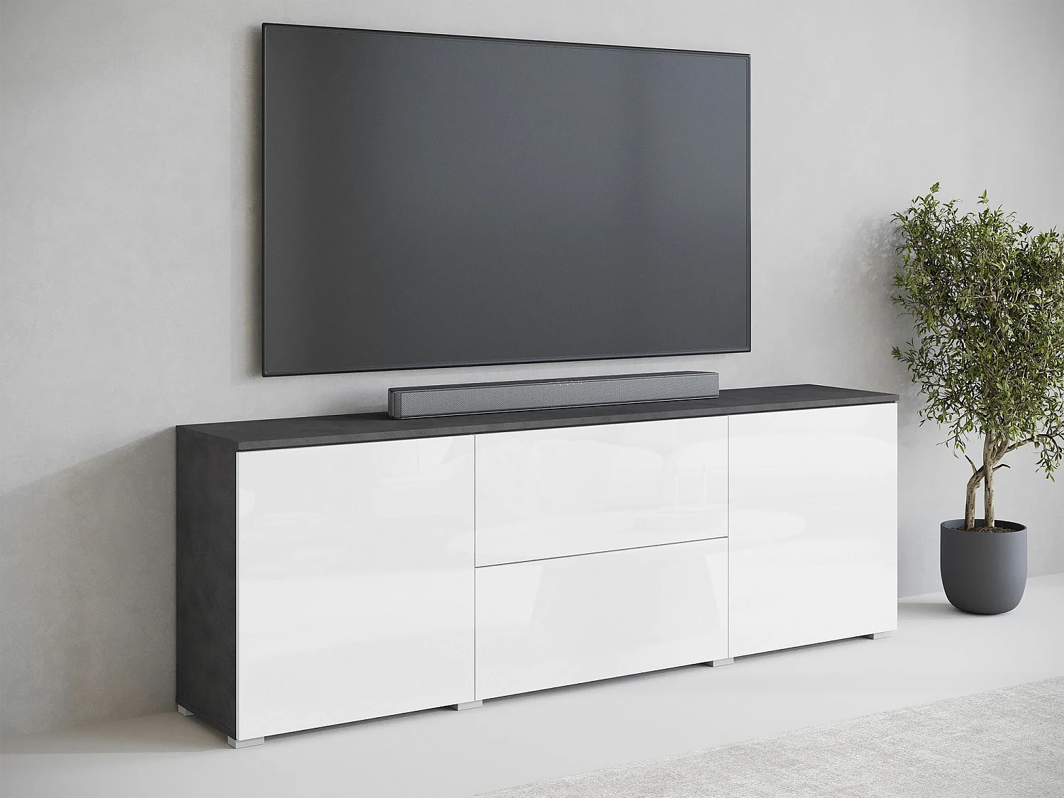 Mobile porta TV Sarasota 190, Matera grigio|Bianco lucido, 180x62x35cm
