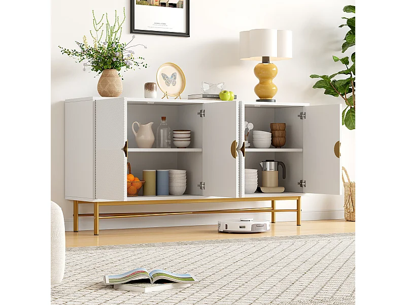 Buffet blanc avec 4 portes, pieds et poignées dorés 160x40x82cm