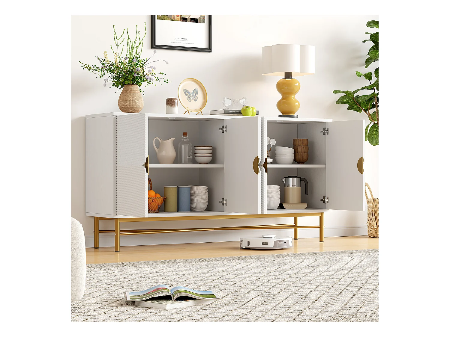 Buffet blanc avec 4 portes, pieds et poignées dorés 160x40x82cm
