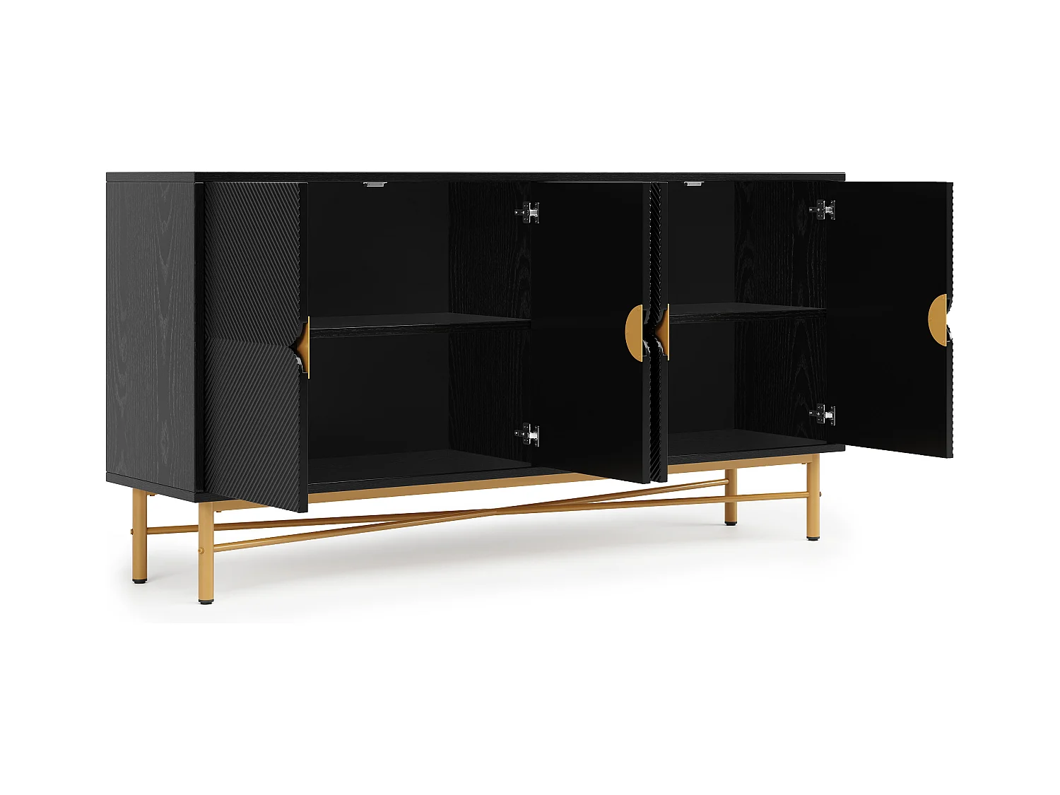 Zwart dressoir met 4 deuren, gouden poten en handgrepen 160x40x82cm