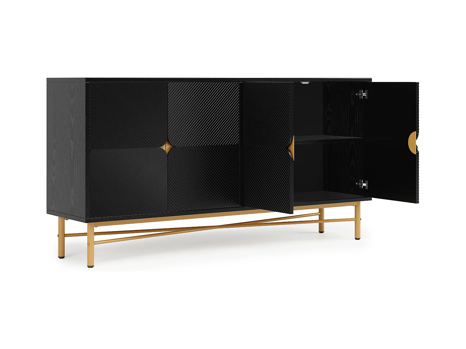 Zwart dressoir met 4 deuren, gouden poten en handgrepen 160x40x82cm