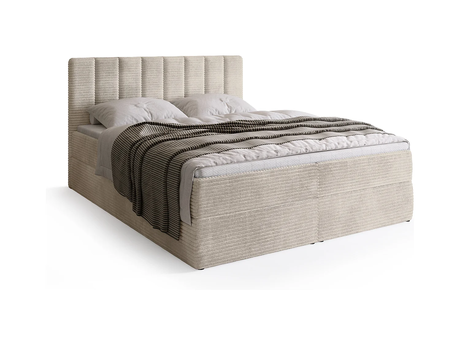 Lit boxspring avec rangement DENVER - matelas - surmatelas - vanille - velours côtelé - 160x200 cm