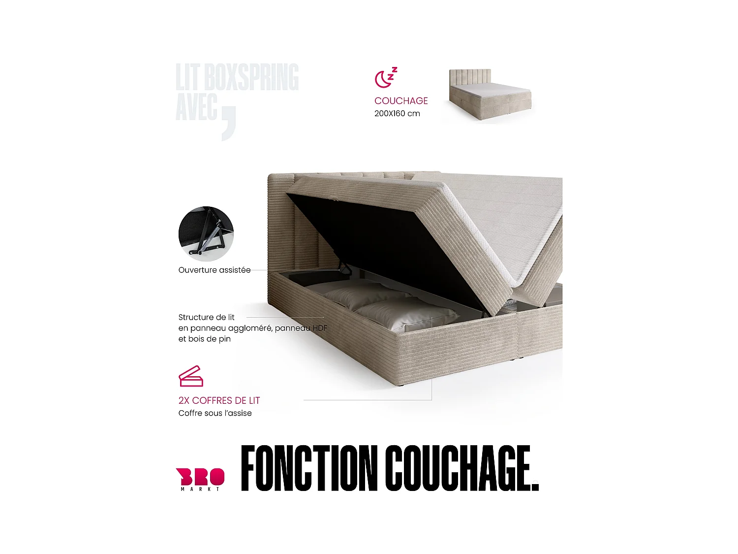 Lit boxspring avec rangement DENVER - matelas - surmatelas - vanille - velours côtelé - 160x200 cm