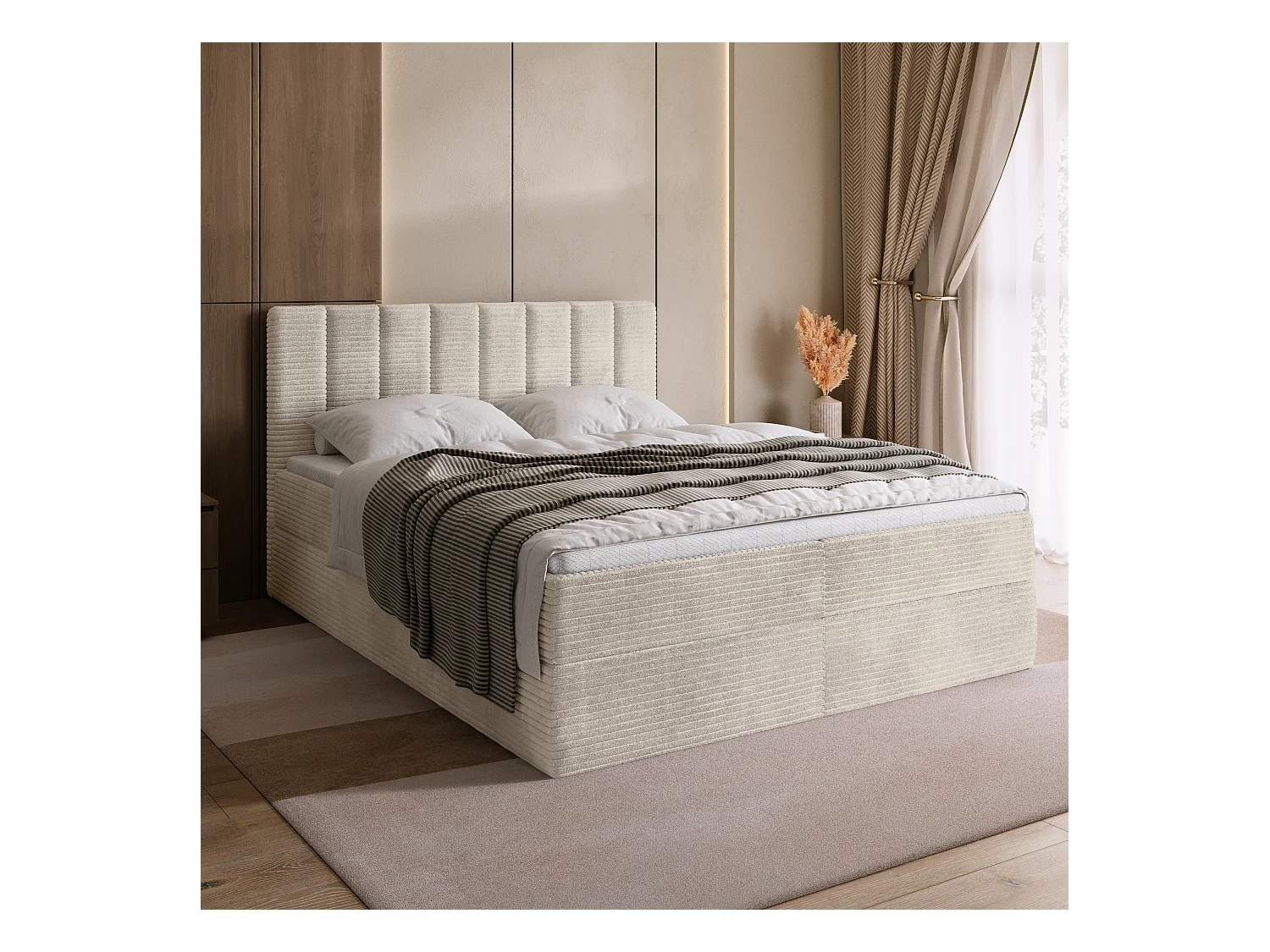 Lit boxspring avec rangement DENVER - matelas - surmatelas - vanille - velours côtelé - 160x200 cm