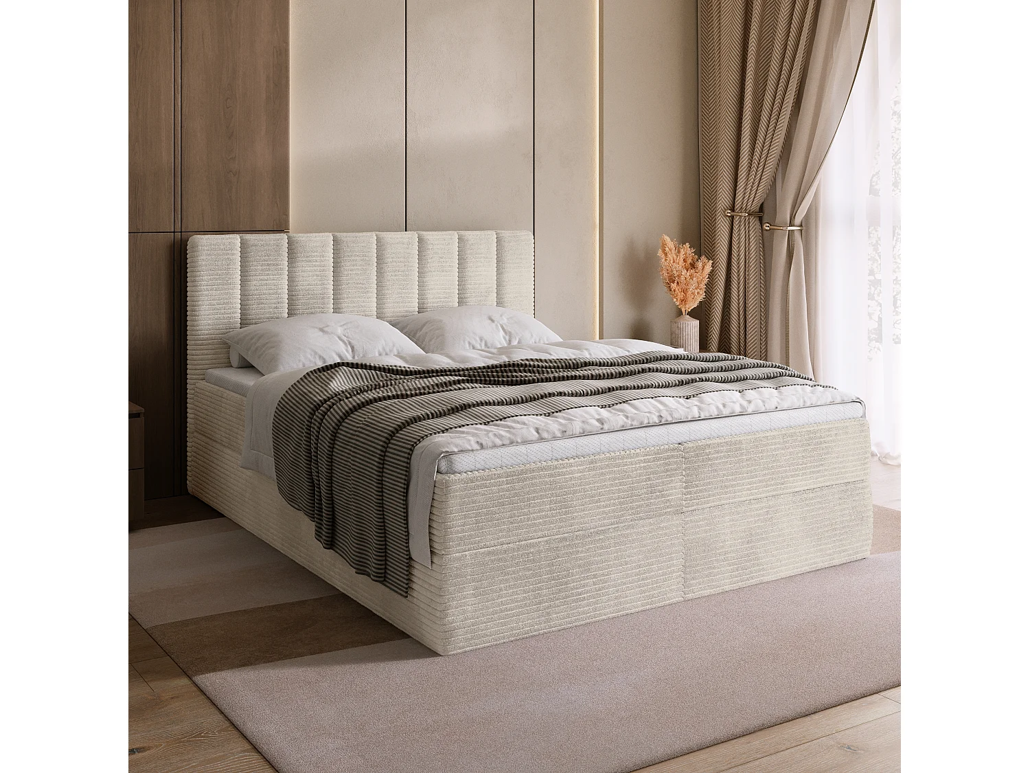 Lit boxspring avec rangement DENVER - matelas - surmatelas - vanille - velours côtelé - 160x200 cm