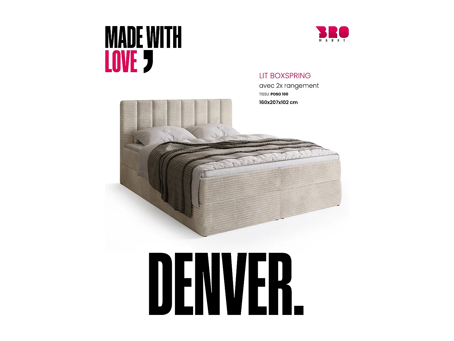 Lit boxspring avec rangement DENVER - matelas - surmatelas - vanille - velours côtelé - 160x200 cm