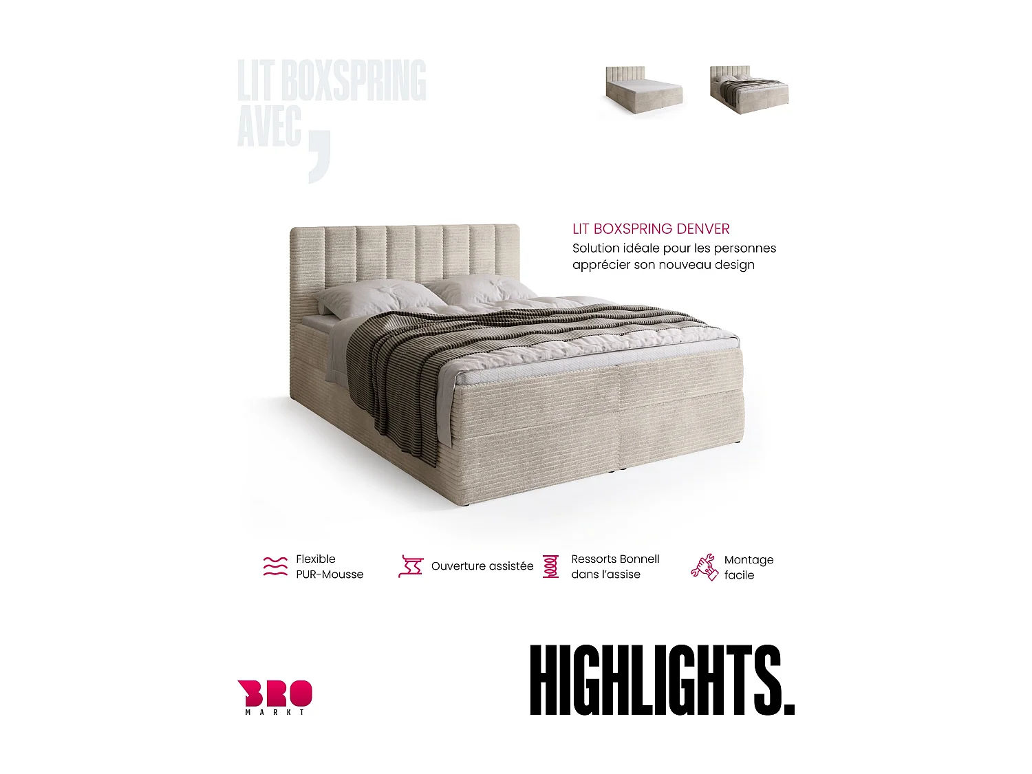 Lit boxspring avec rangement DENVER - matelas - surmatelas - vanille - velours côtelé - 160x200 cm