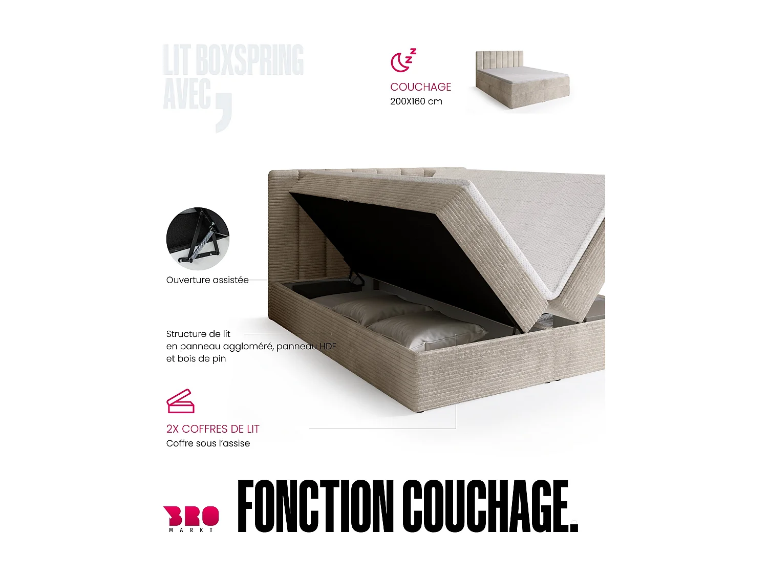 Lit boxspring avec rangement DENVER - matelas - surmatelas - vanille - velours côtelé - 160x200 cm