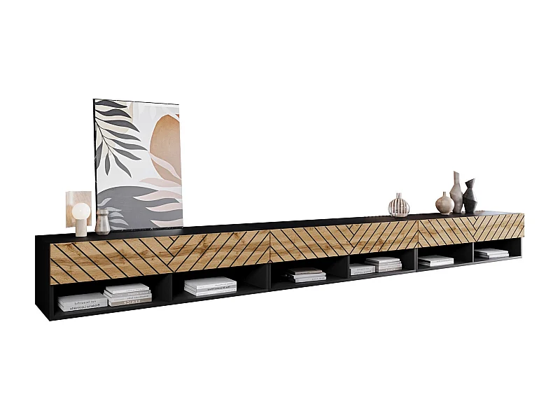 Meuble TV Sarasota 189, Chêne wotan|Graphite, 300x32x33cm