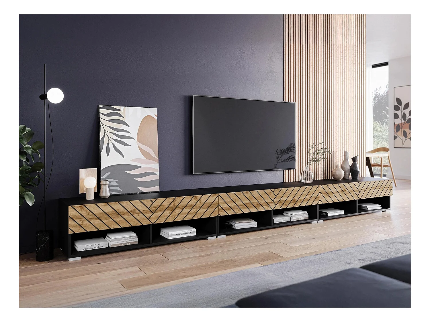 Meuble TV Sarasota 189, Chêne wotan|Graphite, 300x32x33cm