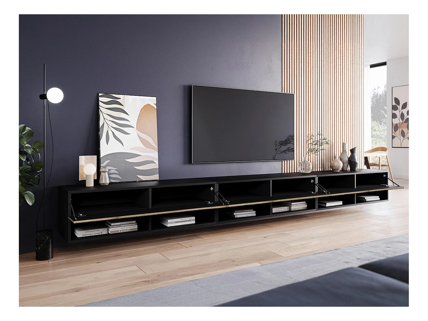 Meuble TV Sarasota 189, Chêne wotan|Graphite, 300x32x33cm