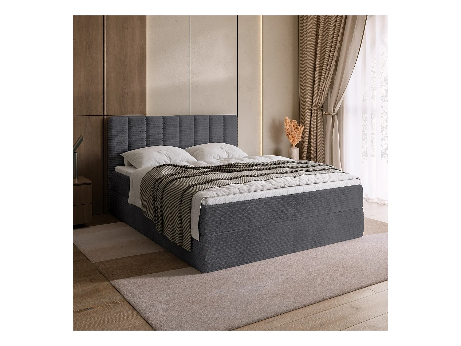 Lit boxspring avec rangement DENVER - matelas - surmatelas - gris - velours côtelé - 160x200 cm