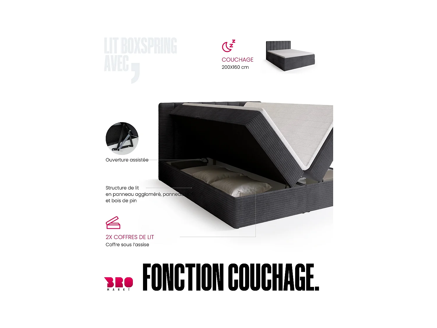 Lit boxspring avec rangement DENVER - matelas - surmatelas - gris - velours côtelé - 160x200 cm