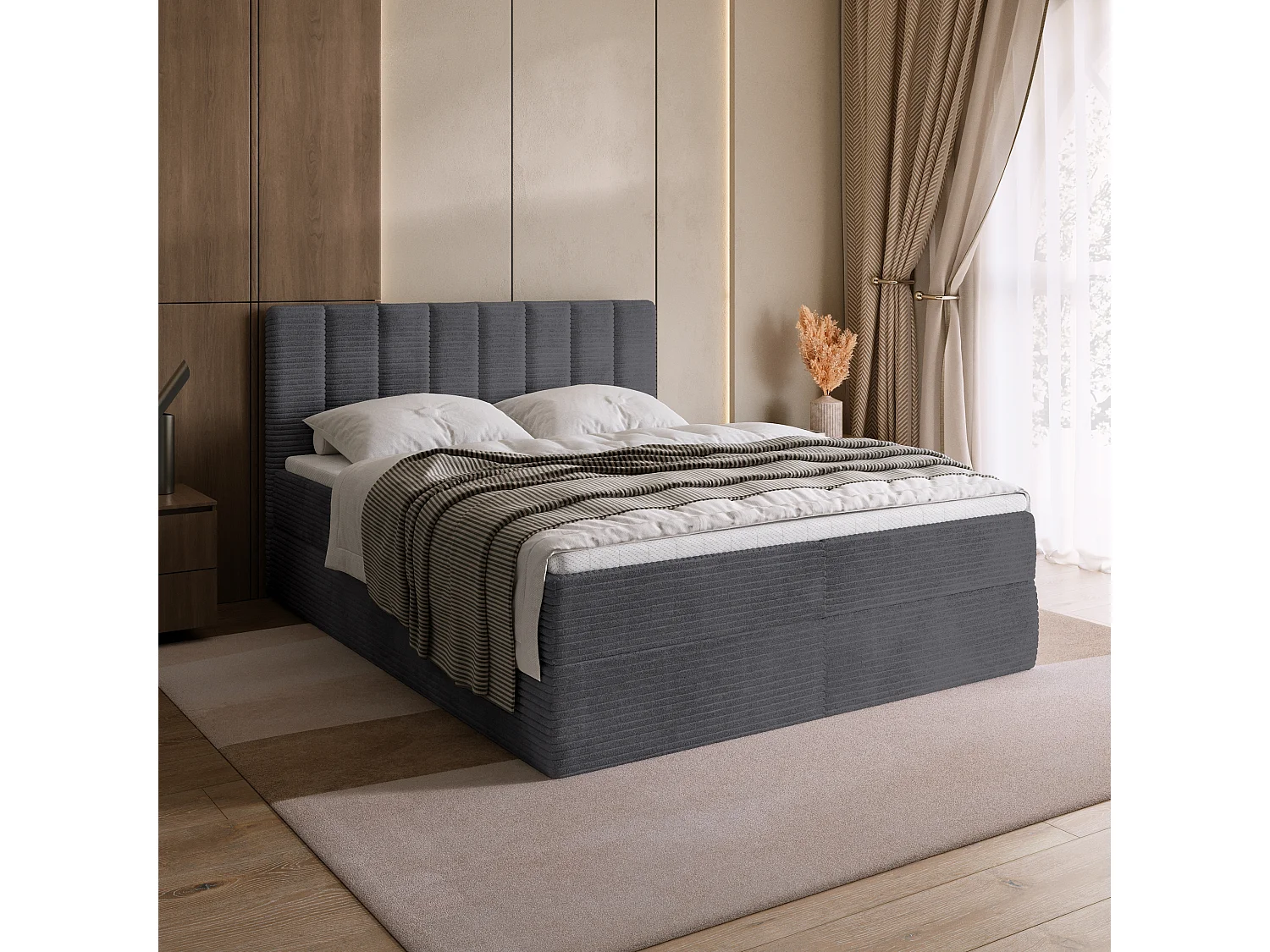 Lit boxspring avec rangement DENVER - matelas - surmatelas - gris - velours côtelé - 160x200 cm