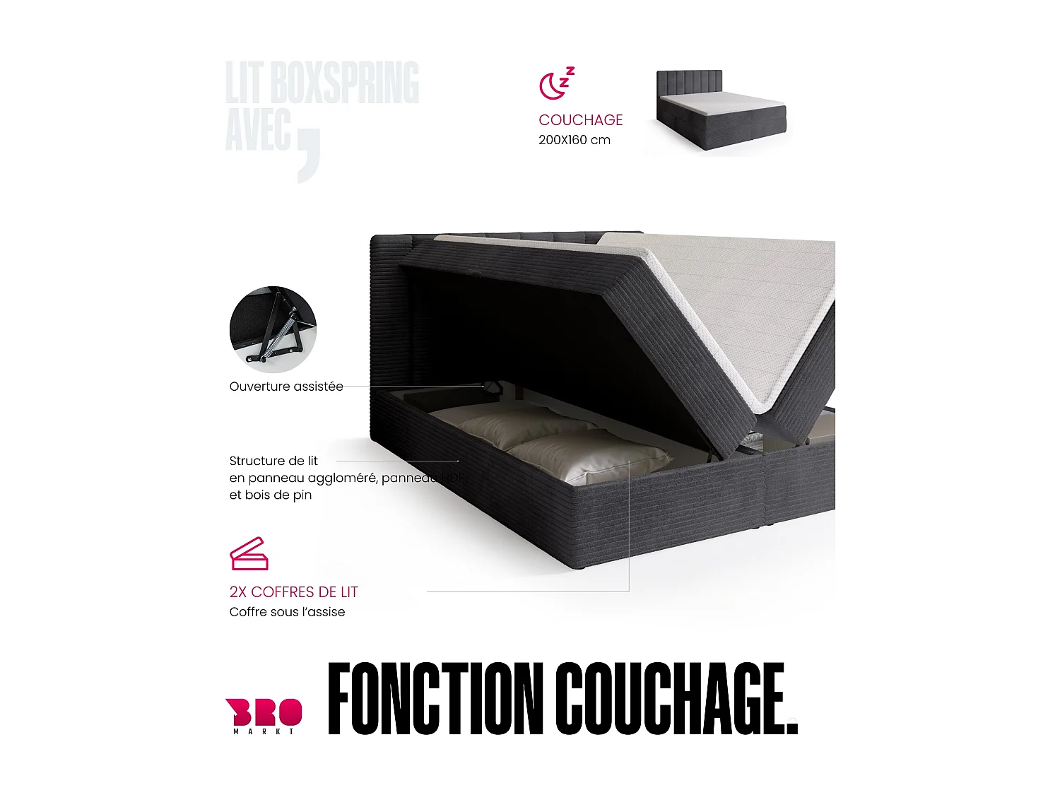 Lit boxspring avec rangement DENVER - matelas - surmatelas - gris - velours côtelé - 160x200 cm