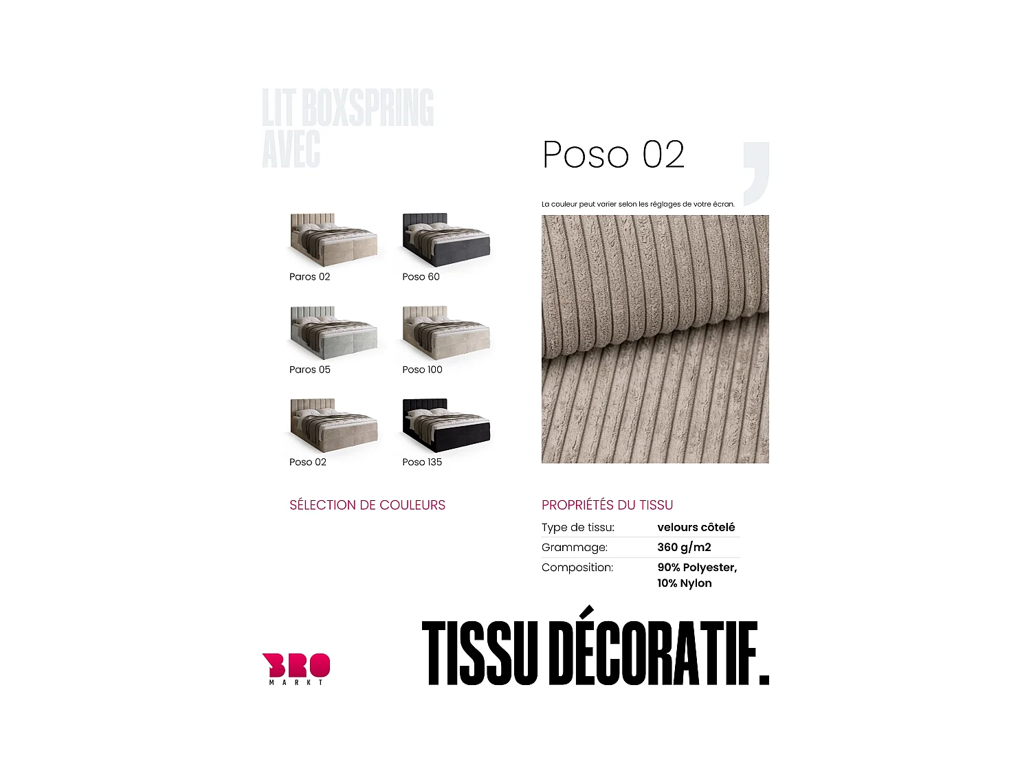 Lit boxspring avec rangement DENVER - matelas - surmatelas - beige - velours côtelé - 180x200 cm