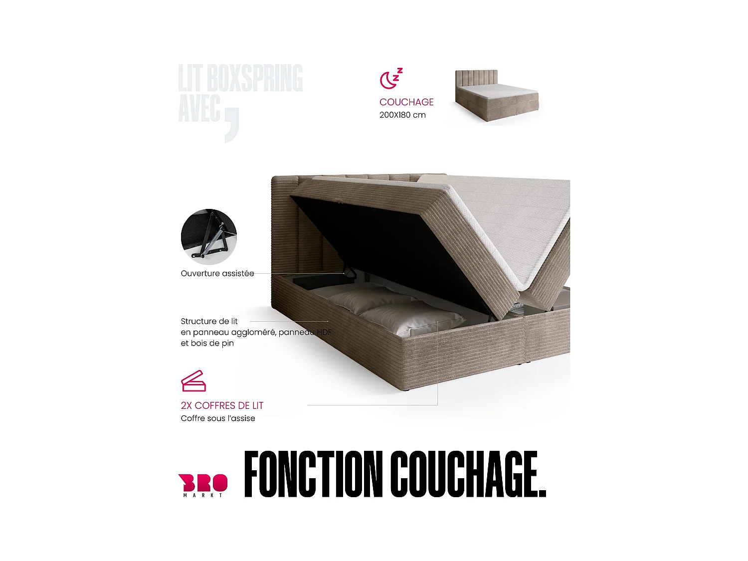 Lit boxspring avec rangement DENVER - matelas - surmatelas - beige - velours côtelé - 180x200 cm