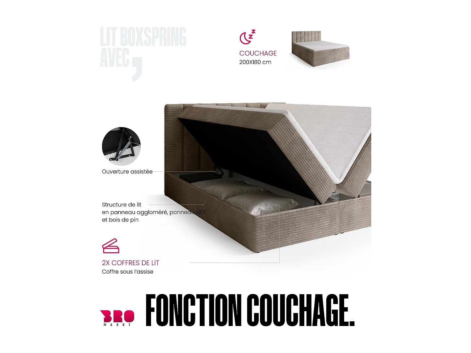 Lit boxspring avec rangement DENVER - matelas - surmatelas - beige - velours côtelé - 180x200 cm