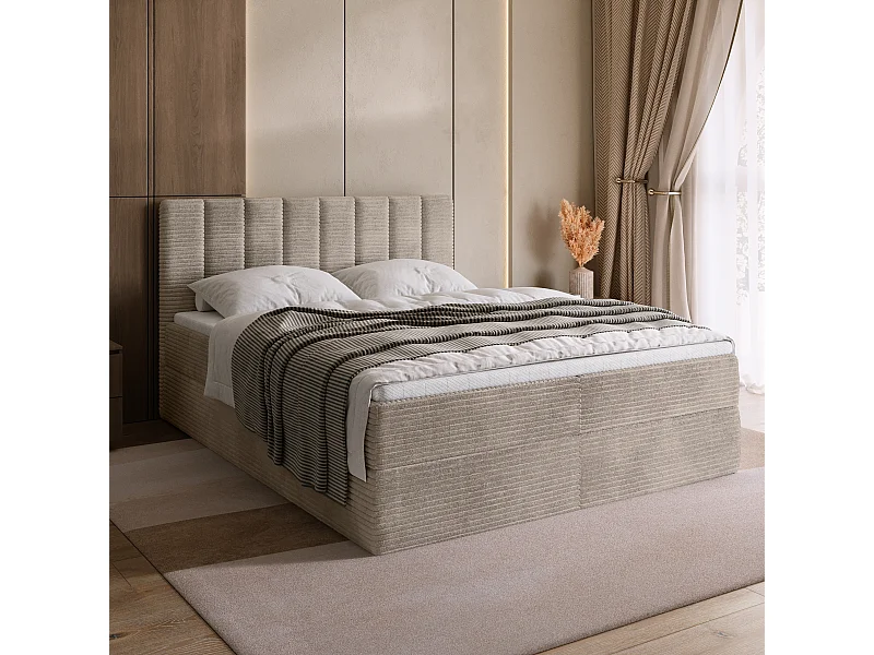 Lit boxspring avec rangement DENVER - matelas - surmatelas - beige - velours côtelé - 180x200 cm