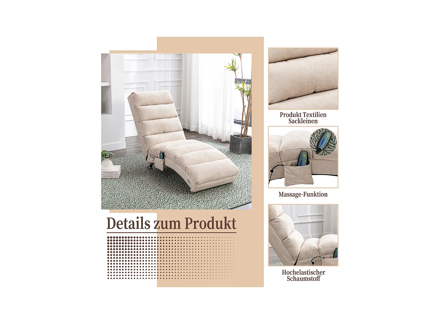 Fauteuil relax électrique - Fauteuil massant beige - Dossier réglable - en tissu lin - confortable et ergonomique