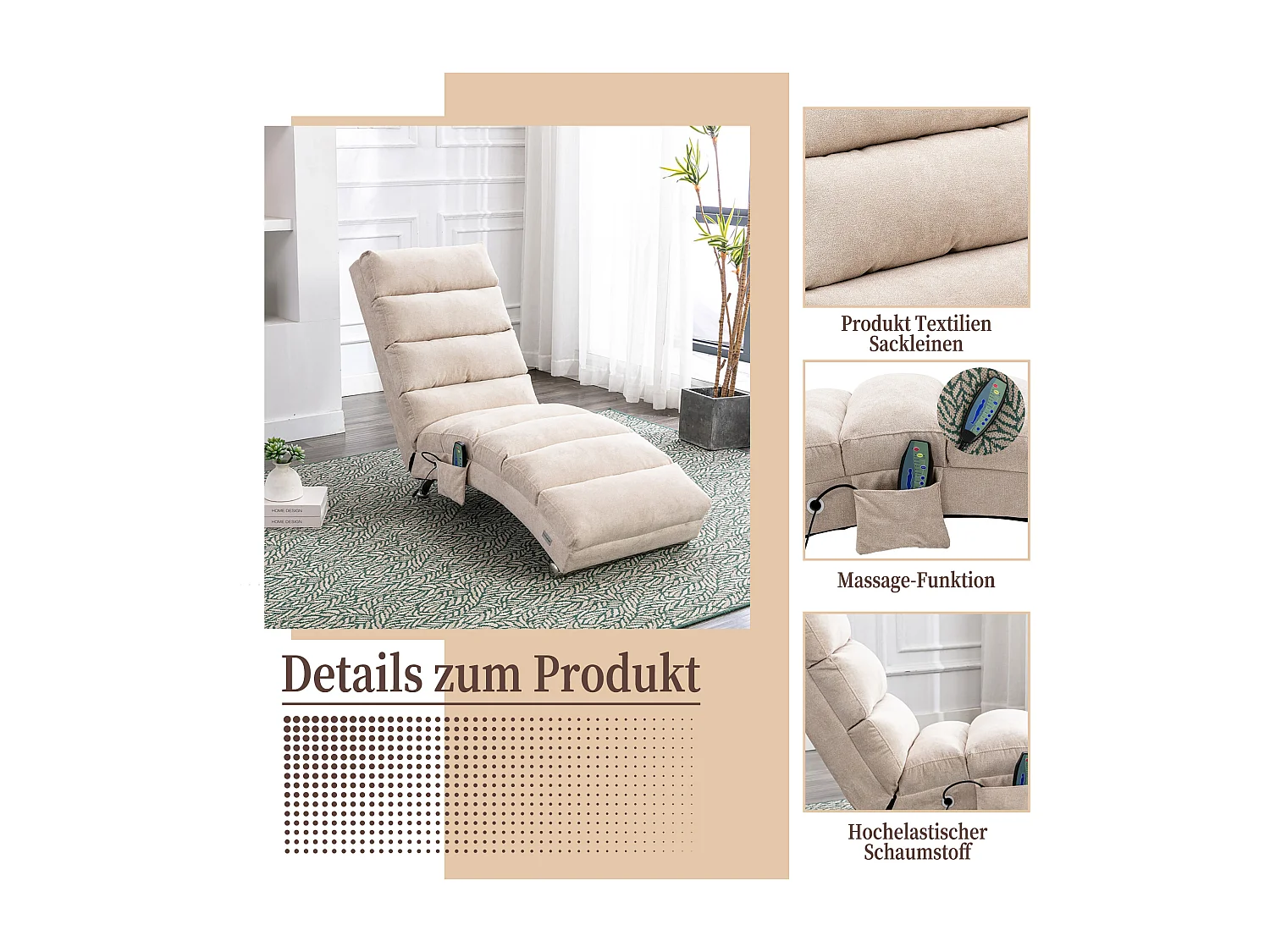 Fauteuil relax électrique - Fauteuil massant beige - Dossier réglable - en tissu lin - confortable et ergonomique