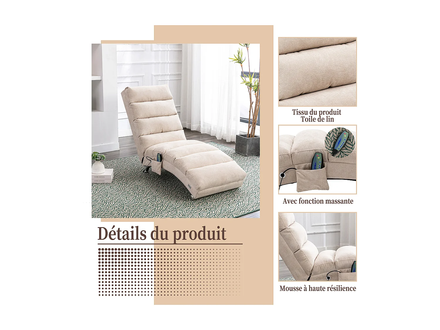 Fauteuil relax électrique - Fauteuil massant beige - Dossier réglable - en tissu lin - confortable et ergonomique