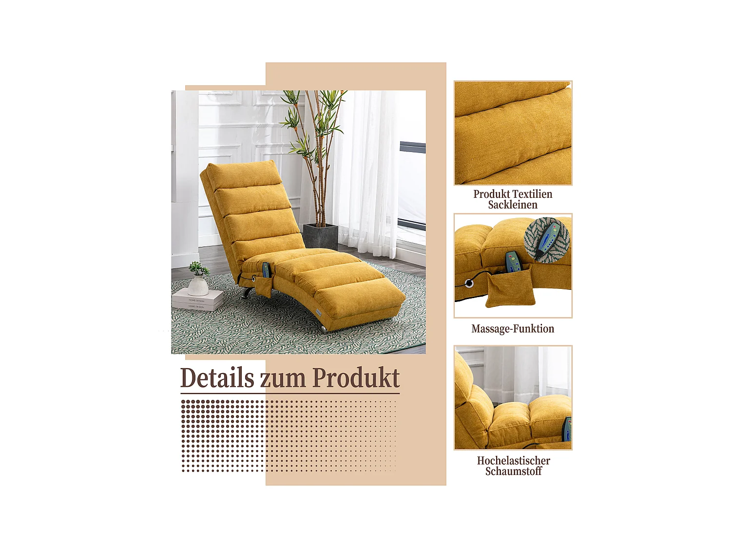 Fauteuil relax électrique - Fauteuil massant jaune - Dossier réglable - en tissu lin - confortable et ergonomique
