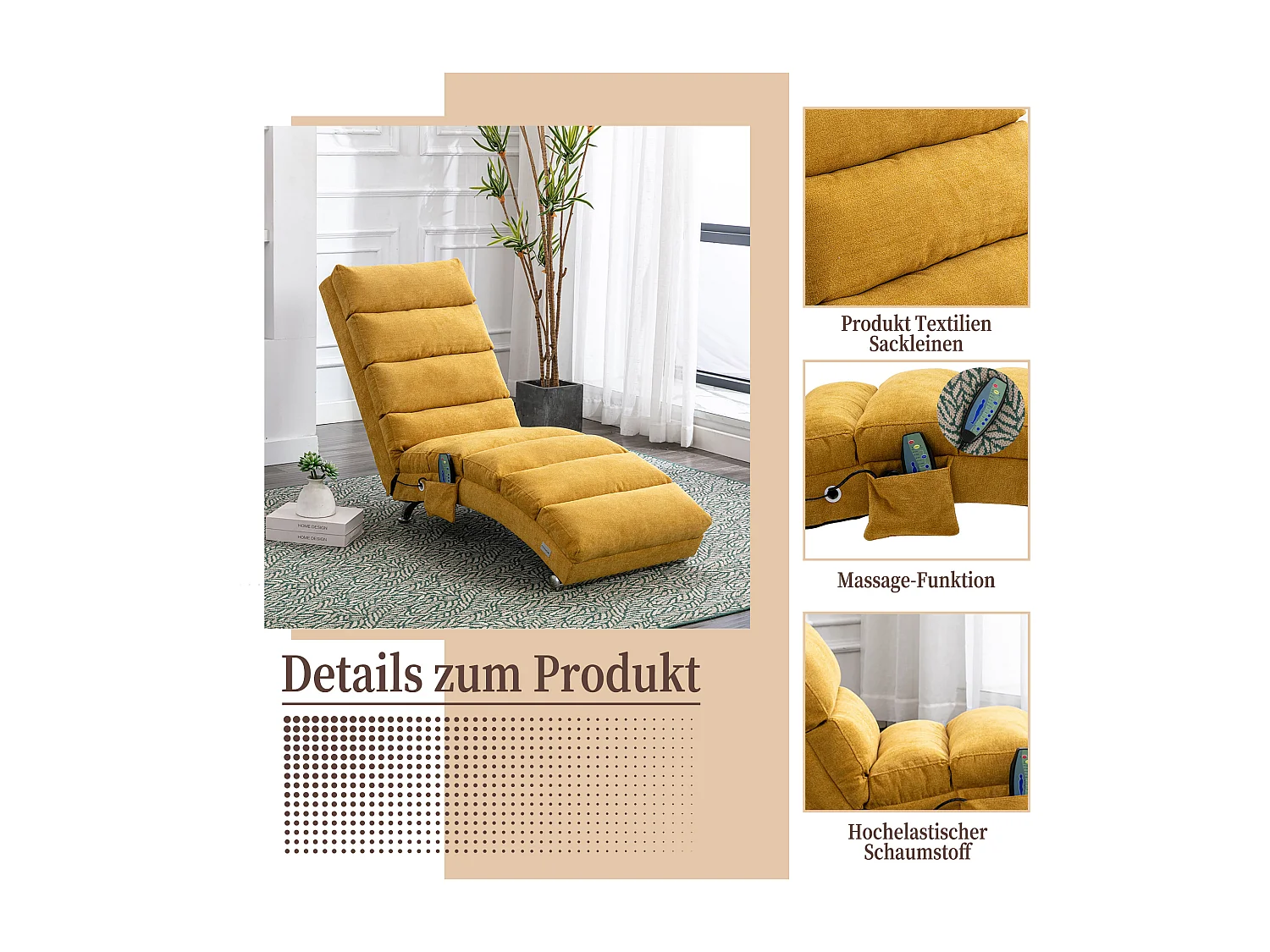 Fauteuil relax électrique - Fauteuil massant jaune - Dossier réglable - en tissu lin - confortable et ergonomique
