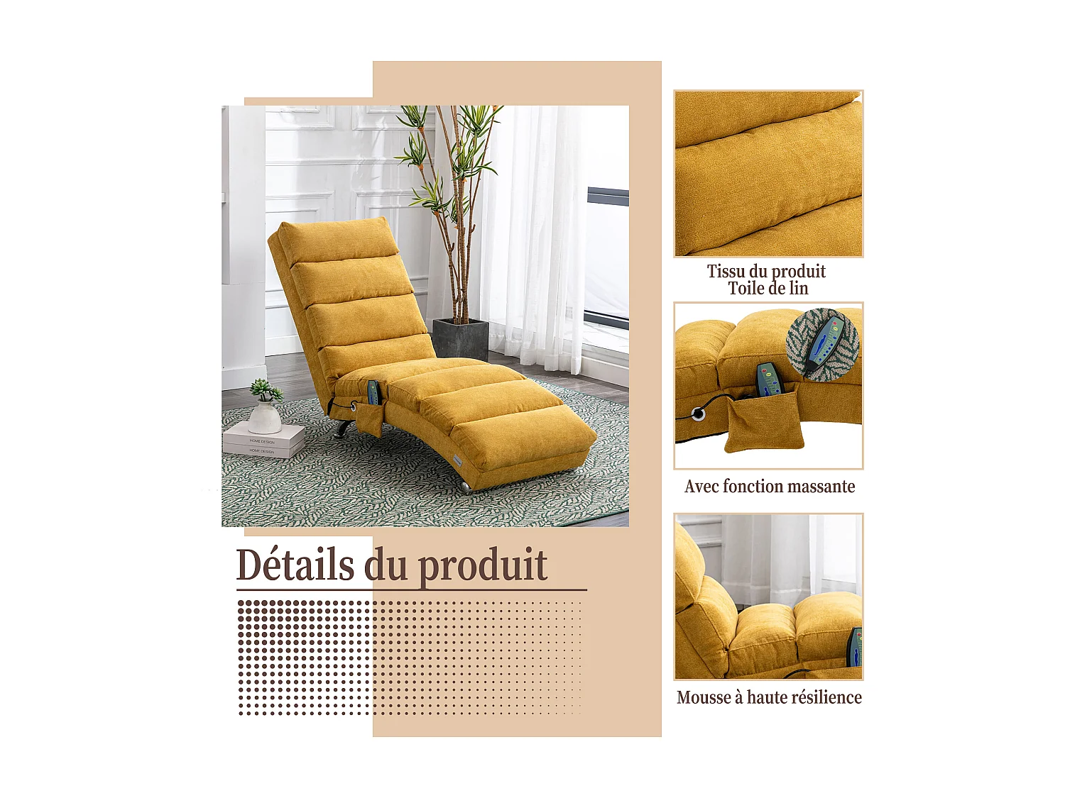 Fauteuil relax électrique - Fauteuil jaune - Dossier réglable - en tissu lin - confortable et ergonomique