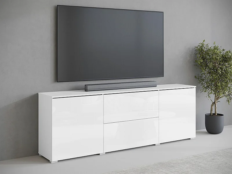 Meuble TV Sarasota 190, Blanc|Blanc brillant, 180x62x35cm