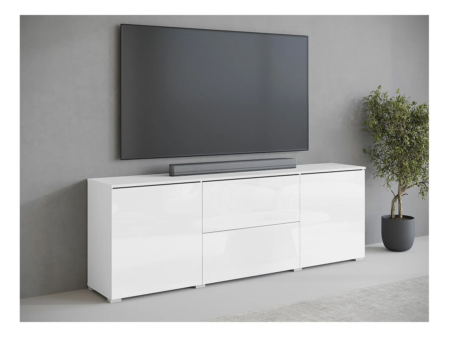 Meuble TV Sarasota 190, Blanc brillant|Blanc, 180x62x35cm