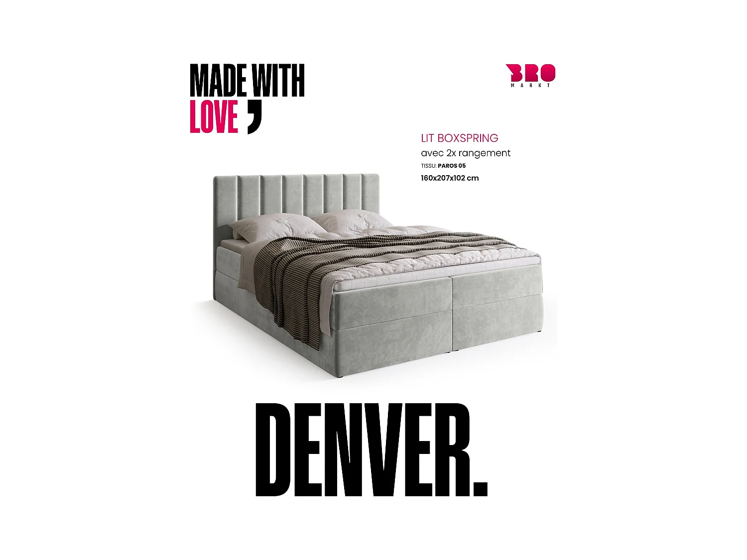 Lit boxspring avec rangement DENVER - matelas - surmatelas - gris clair - 160x200 cm